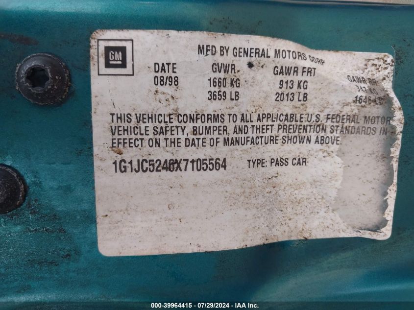 1999 Chevrolet Cavalier VIN: 1G1JC5246X7105564 Lot: 39964415