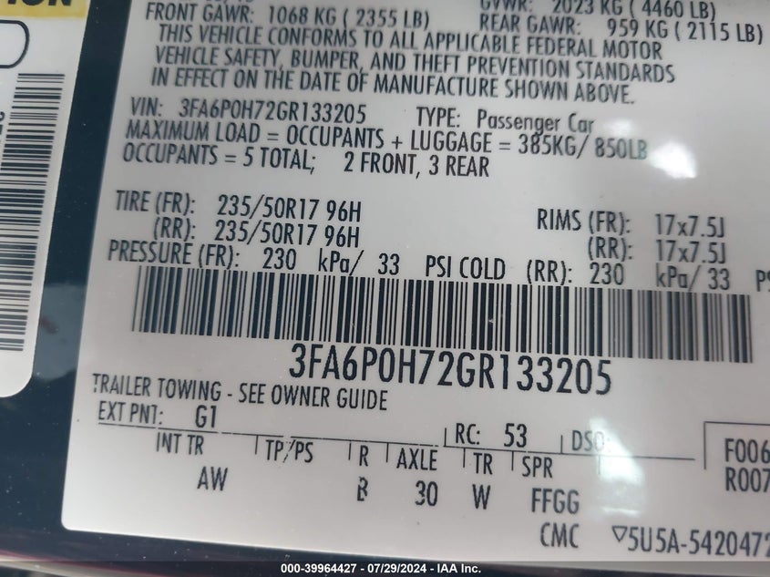 2016 Ford Fusion Se VIN: 3FA6P0H72GR133205 Lot: 39964427