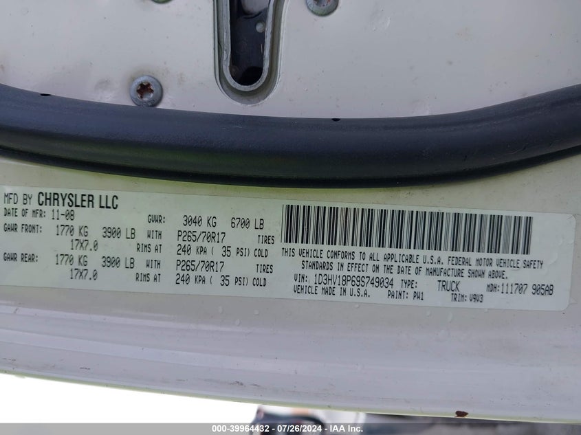 2009 Dodge Ram 1500 Slt/Sport/Trx VIN: 1D3HV18P69S749034 Lot: 39964432