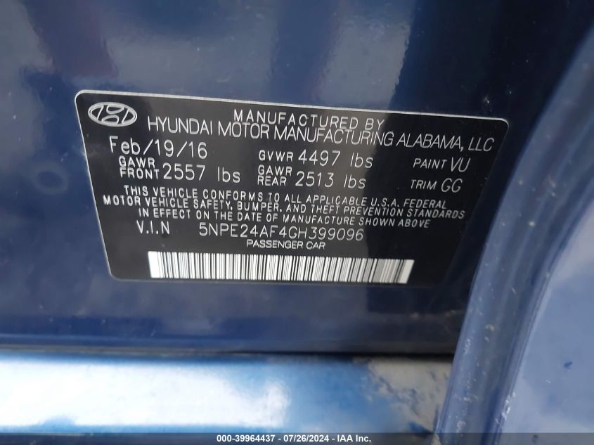 2016 Hyundai Sonata VIN: 5NPE24AF4GH399096 Lot: 39964437