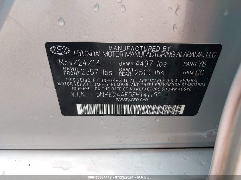 2015 Hyundai Sonata Se VIN: 5NPE24AF5FH141152 Lot: 39964447