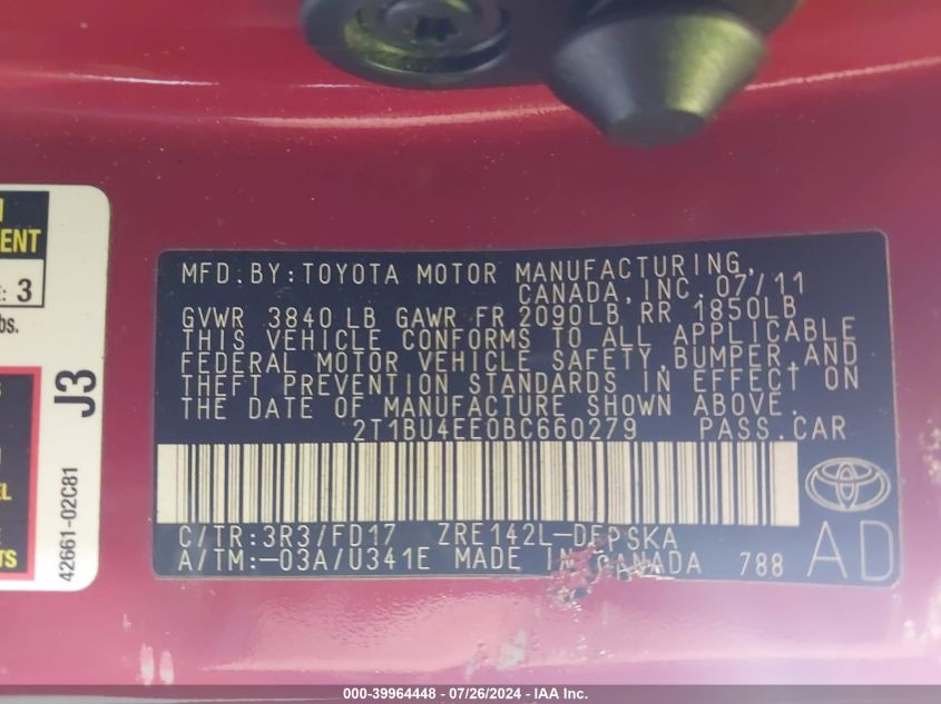 2011 Toyota Corolla S/Le VIN: 2T1BU4EE0BC660279 Lot: 39964448