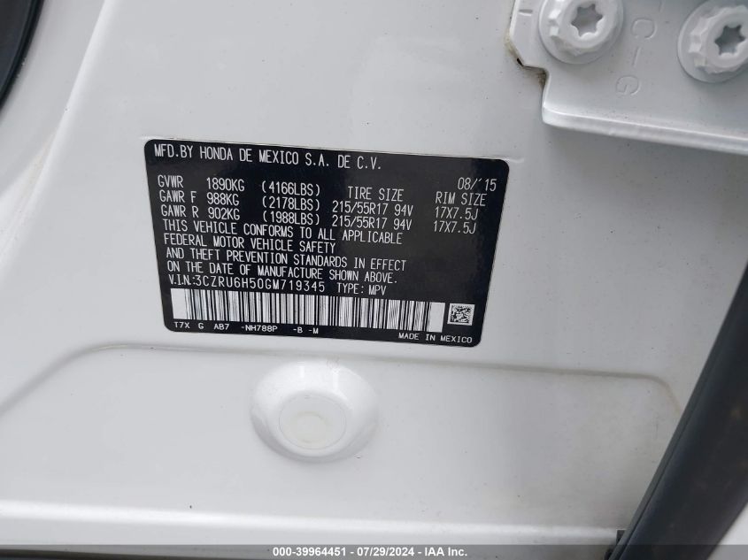 2016 Honda Hr-V Ex VIN: 3CZRU6H50GM719345 Lot: 39964451