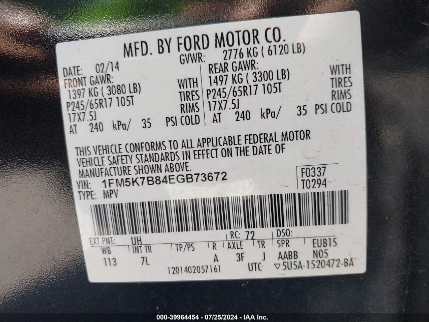 2014 Ford Explorer VIN: 1FM5K7B84EGB73672 Lot: 39964454