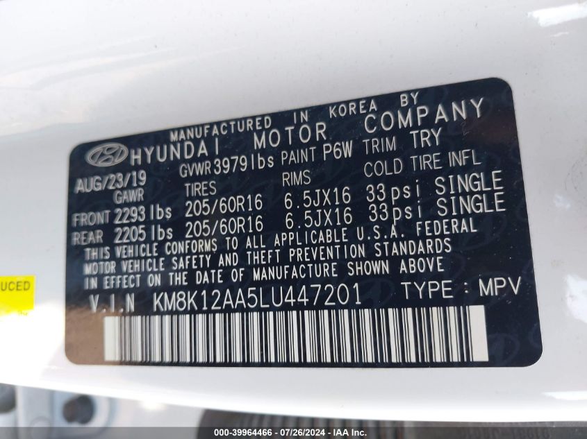 2020 Hyundai Kona Se VIN: KM8K12AA5LU447201 Lot: 39964466