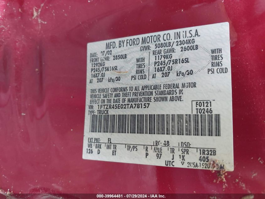 2002 Ford Ranger Edge/Xlt VIN: 1FTZR45E02TA78157 Lot: 39964481