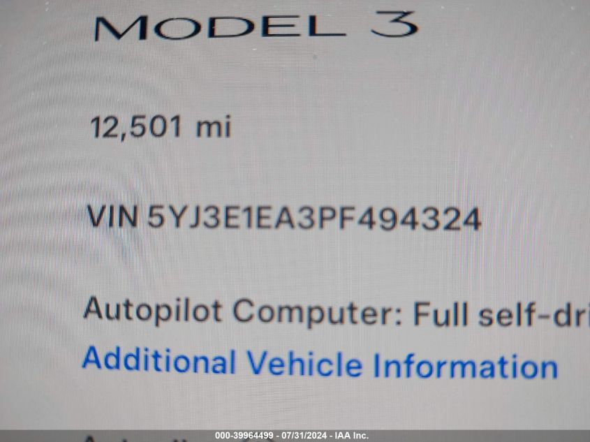 2023 Tesla Model 3 Rear-Wheel Drive VIN: 5YJ3E1EA3PF494324 Lot: 39964499