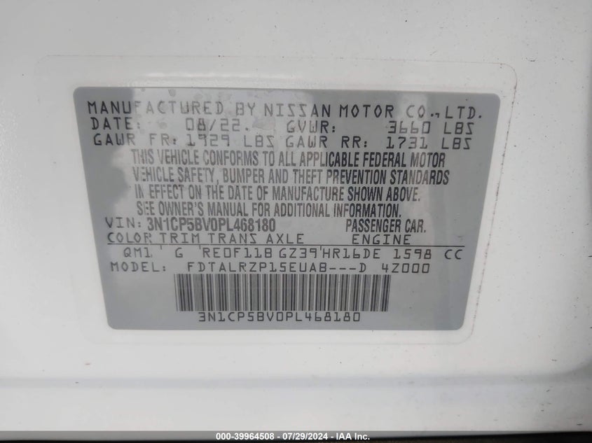 2023 Nissan Kicks S Xtronic Cvt VIN: 3N1CP5BV0PL468180 Lot: 39964508