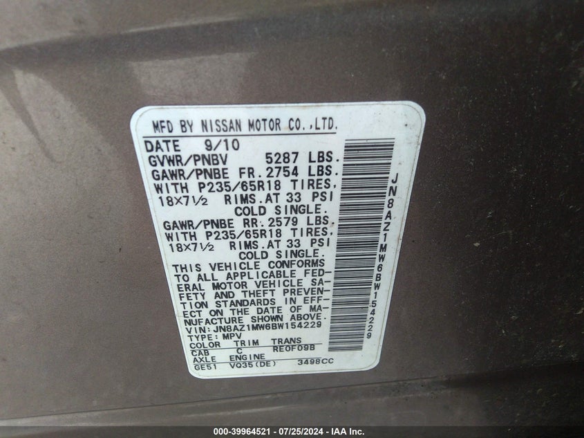 2011 Nissan Murano Sl VIN: JN8AZ1MW6BW154229 Lot: 39964521