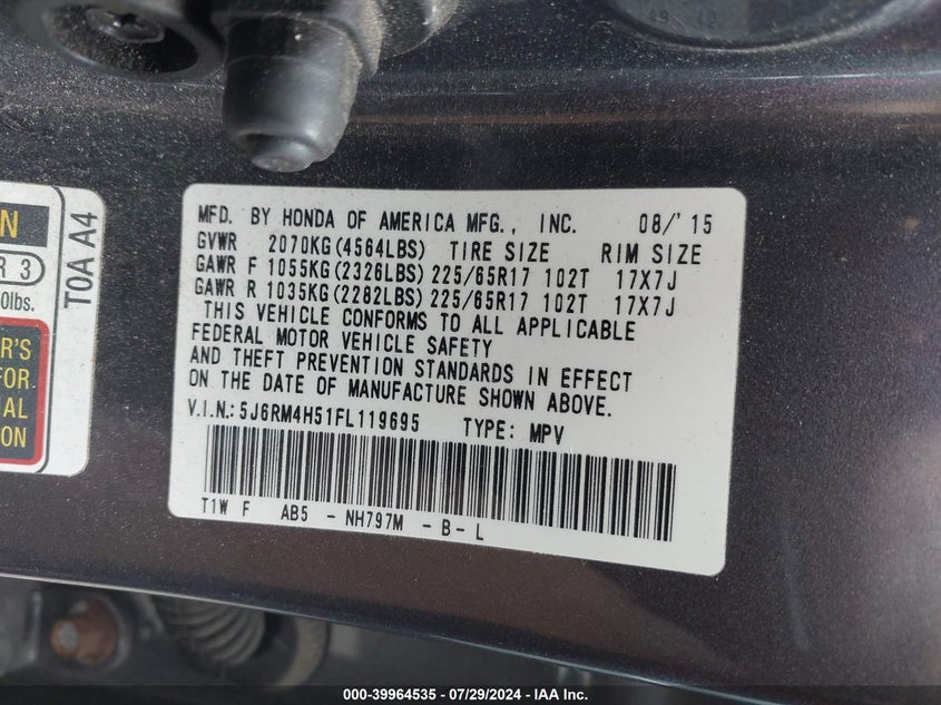 2015 Honda Cr-V Ex VIN: 5J6RM4H51FL119695 Lot: 39964535