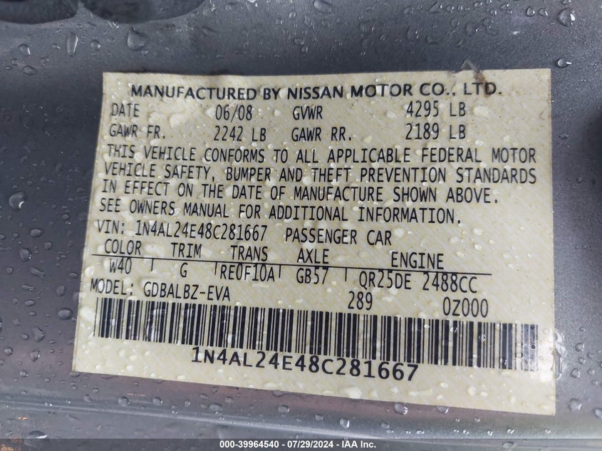 2008 Nissan Altima 2.5 S VIN: 1N4AL24E48C281667 Lot: 39964540