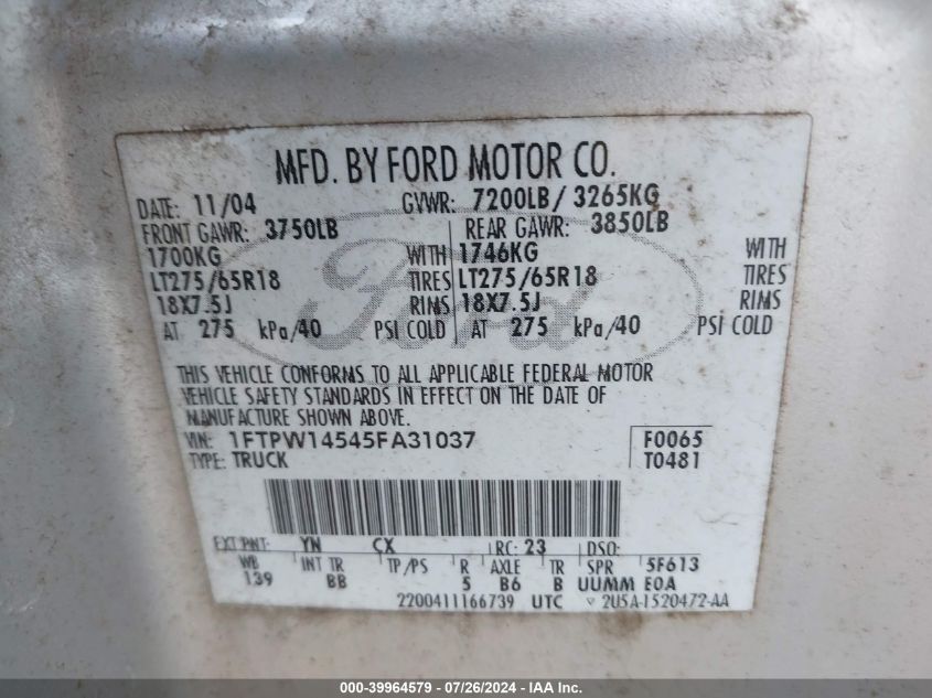 2005 Ford F-150 Fx4/Lariat/Xlt VIN: 1FTPW14545FA31037 Lot: 39964579