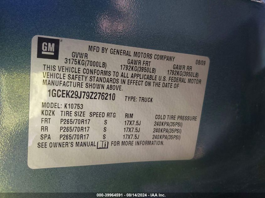 2009 Chevrolet Silverado 1500 Lt VIN: 1GCEK29J79Z276210 Lot: 39964591