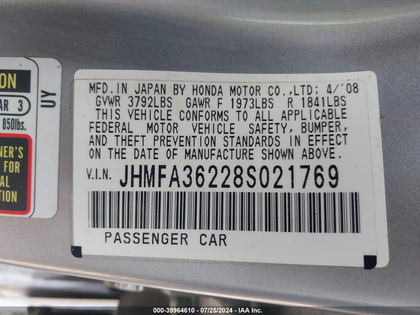 2008 Honda Civic Hybrid VIN: JHMFA36228S021769 Lot: 39964610