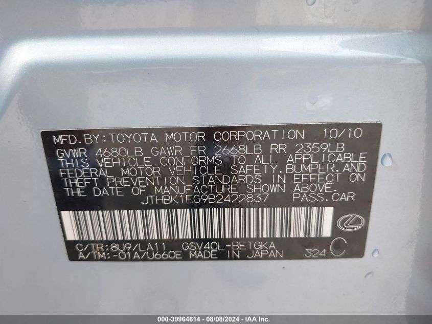 2011 Lexus Es 350 VIN: JTHBK1EG9B2422837 Lot: 39964614