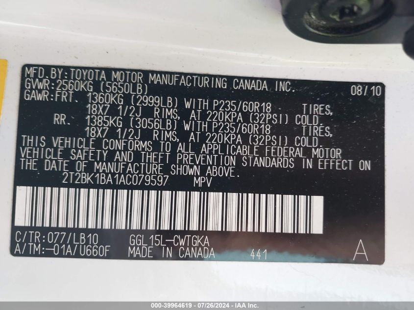 2010 Lexus Rx 350 VIN: 2T2BK1BA1AC079597 Lot: 39964619