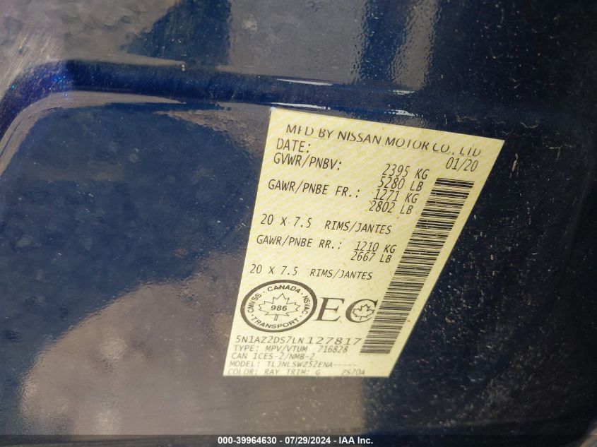 2020 Nissan Murano Platinum Intelligent Awd VIN: 5N1AZ2DS7LN127817 Lot: 39964630