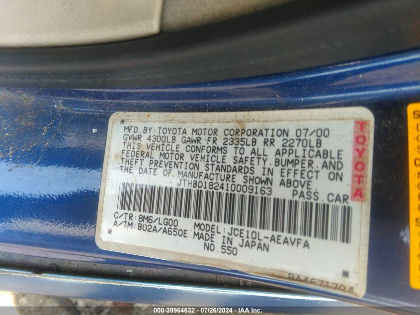 2001 Lexus Is 300 VIN: JTHBD182410009163 Lot: 39964632