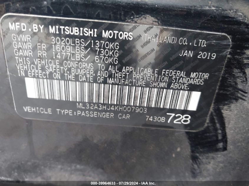 2019 Mitsubishi Mirage Rf VIN: ML32A3HJ4KH007903 Lot: 39964633