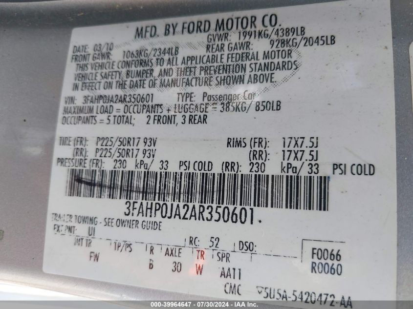 2010 Ford Fusion Sel VIN: 3FAHP0JA2AR350601 Lot: 39964647