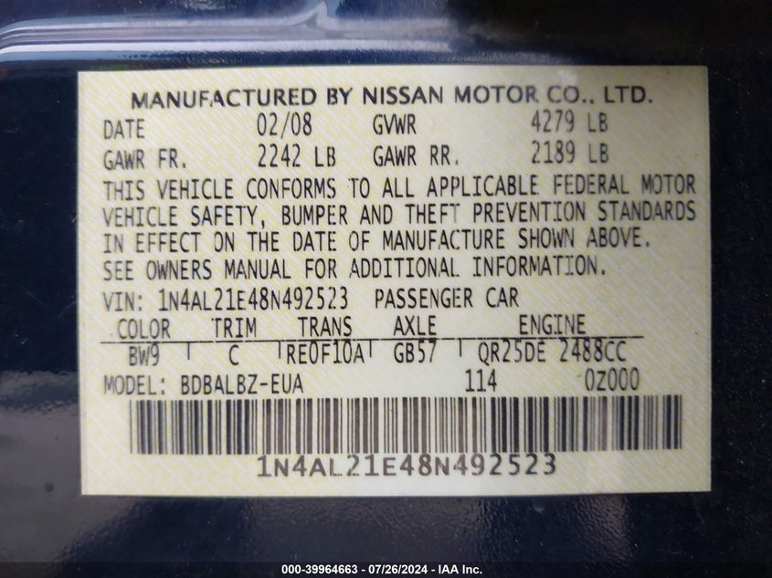2008 Nissan Altima 2.5 S VIN: 1N4AL21E48N492523 Lot: 39964663