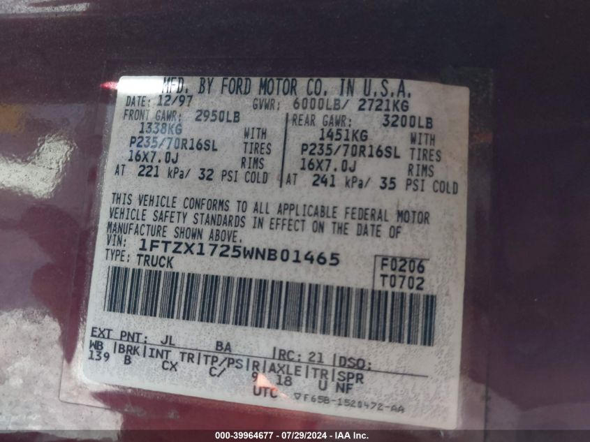 1998 Ford F150 VIN: 1FTZX1725WNB01465 Lot: 39964677