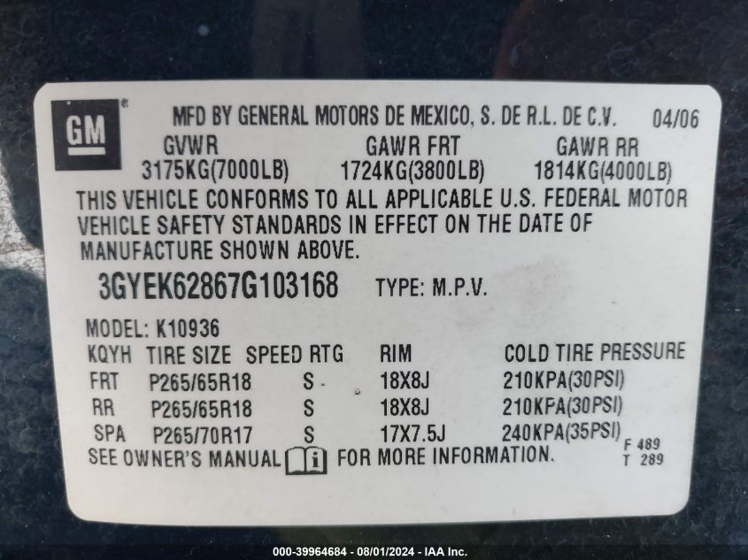 3GYEK62867G103168 2007 Cadillac Escalade Ext Standard