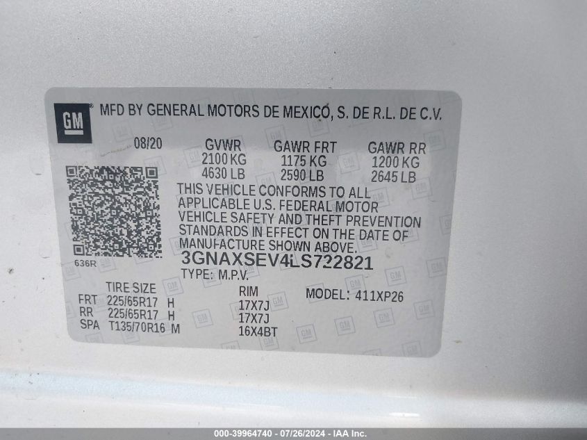 2020 Chevrolet Equinox Awd Ls VIN: 3GNAXSEV4LS722821 Lot: 39964740