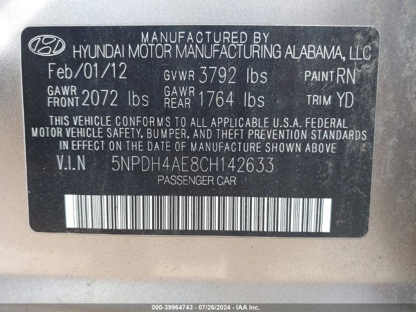 2012 Hyundai Elantra Gls Pzev VIN: 5NPDH4AE8CH142633 Lot: 39964743