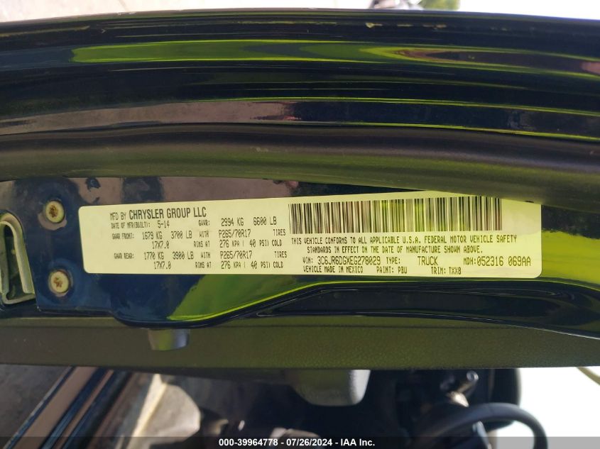 2014 Ram 1500 Tradesman VIN: 3C6JR6DGXEG278029 Lot: 39964778