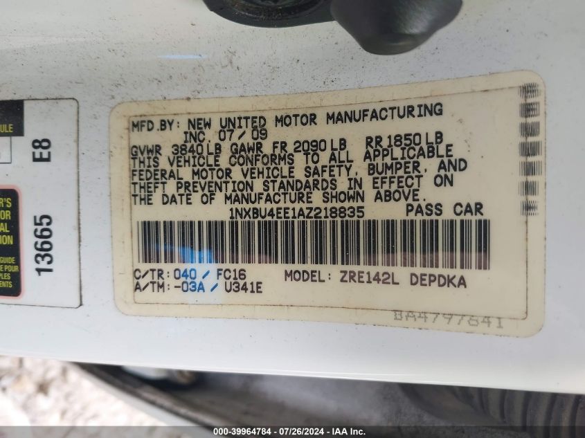 2010 Toyota Corolla Le VIN: 1NXBU4EE1AZ218835 Lot: 39964784