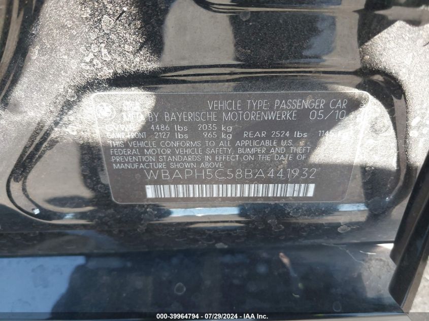 2011 BMW 328 I Sulev VIN: WBAPH5C58BA441932 Lot: 39964794