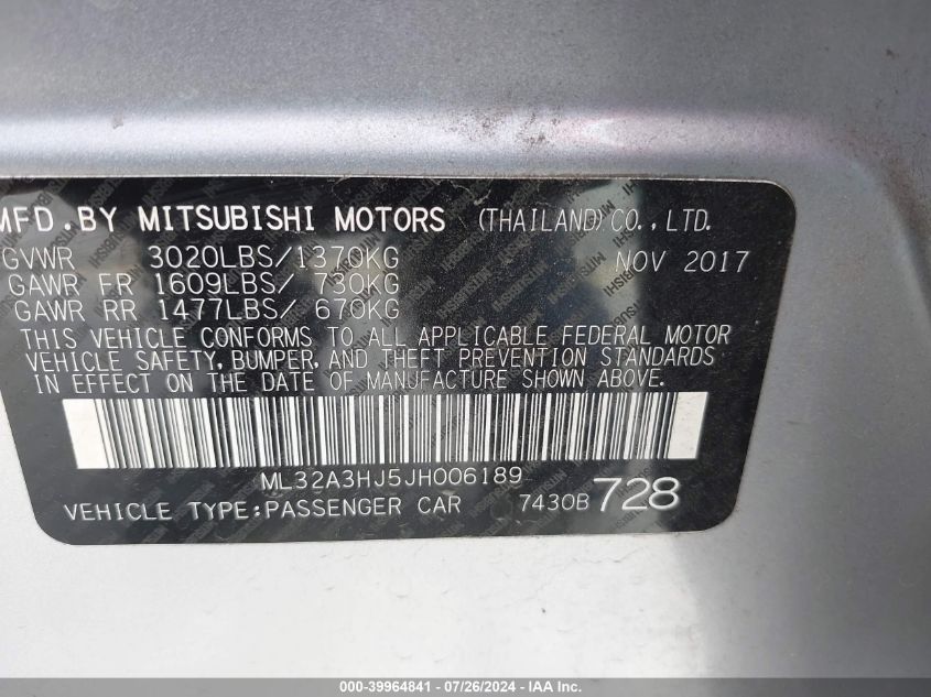 2018 Mitsubishi Mirage Es VIN: ML32A3HJ5JH006189 Lot: 39964841