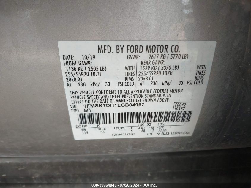 2020 Ford Explorer Xlt VIN: 1FMSK7DH1LGB04967 Lot: 39964843