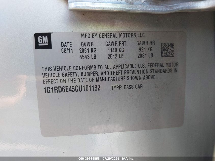 2012 Chevrolet Volt VIN: 1G1RD6E45CU101132 Lot: 39964858