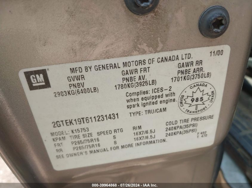 2001 GMC Sierra 1500 Sl/Sle VIN: 2GTEK19T611231431 Lot: 39964868