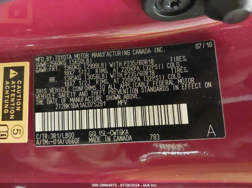 2010 Lexus Rx 350 VIN: 2T2BK1BA1AC075291 Lot: 39964875