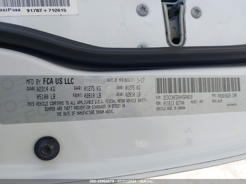 VIN 2C3CCAEG5HH564819 2017 CHRYSLER 300C