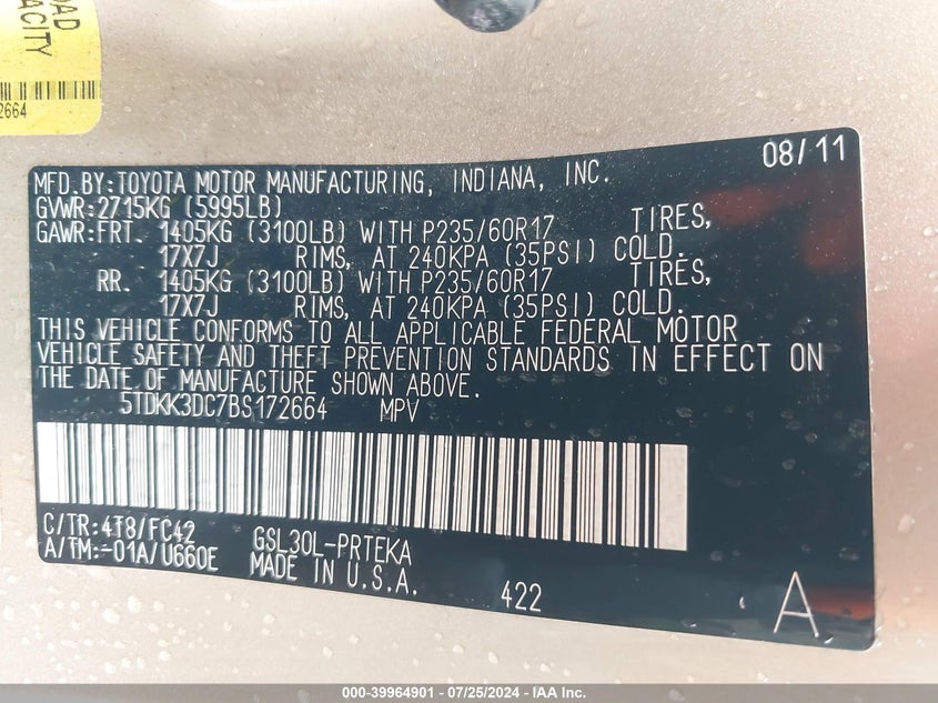 2011 Toyota Sienna Le V6 VIN: 5TDKK3DC7BS172664 Lot: 39964901