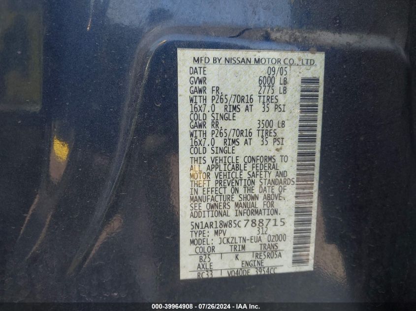 2005 Nissan Pathfinder Le/Se/Xe VIN: 5N1AR18W85C788715 Lot: 39964908