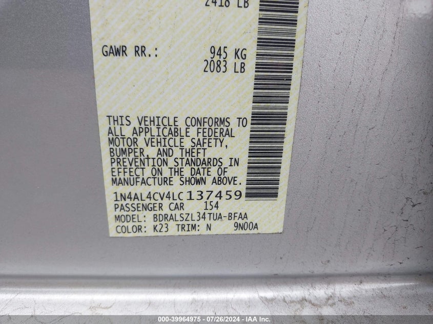 2020 Nissan Altima Sr Vc-Turbo Fwd VIN: 1N4AL4CV4LC137459 Lot: 39964975