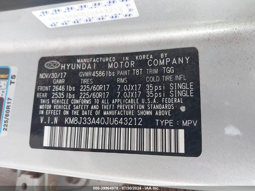 KM8J33A40JU643212 2018 Hyundai Tucson Sel