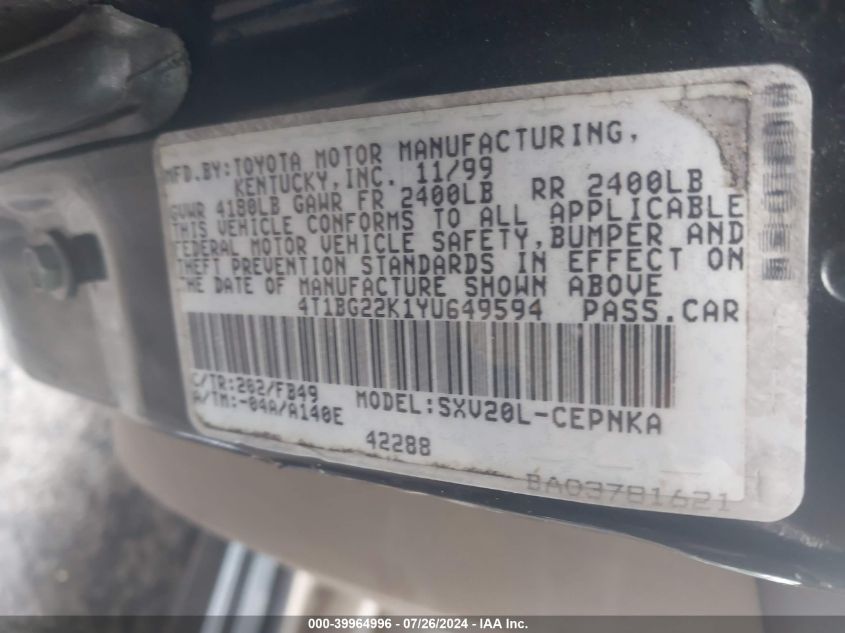 2000 Toyota Camry Le VIN: 4T1BG22K1YU649594 Lot: 39964996