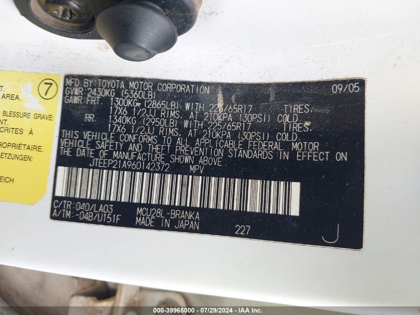 2006 Toyota Highlander Limited V6 VIN: JTEEP21A960142372 Lot: 39965000