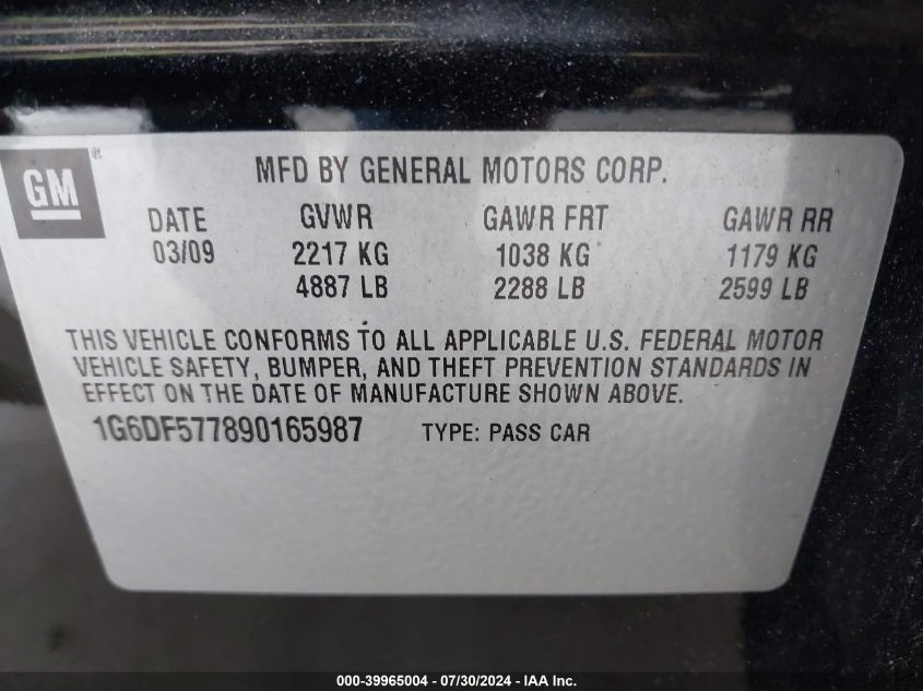 2009 Cadillac Cts Standard VIN: 1G6DF577890165987 Lot: 39965004