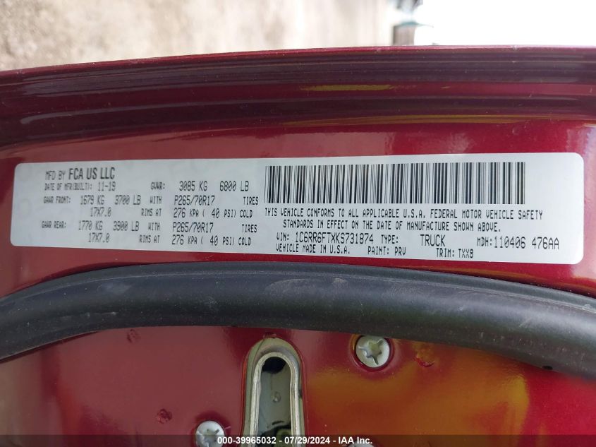 2019 Ram 1500 Classic Tradesman VIN: 1C6RR6FTXKS731874 Lot: 39965032