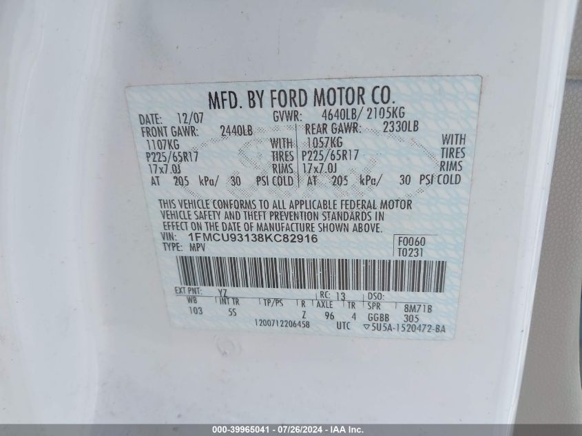 2008 Ford Escape Xlt VIN: 1FMCU93138KC82916 Lot: 39965041