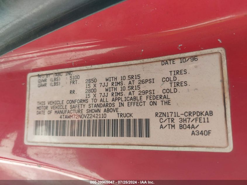 1997 Toyota Tacoma VIN: 4TAWM72N0VZ242110 Lot: 39965047