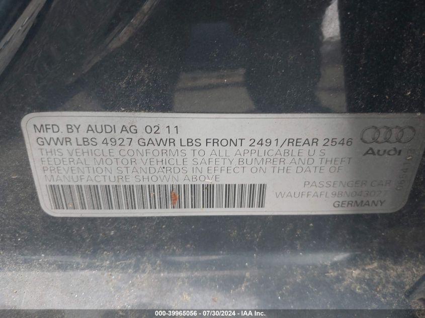 2011 Audi A4 Premium Plus VIN: WAUFFAFL9BN043027 Lot: 39965056