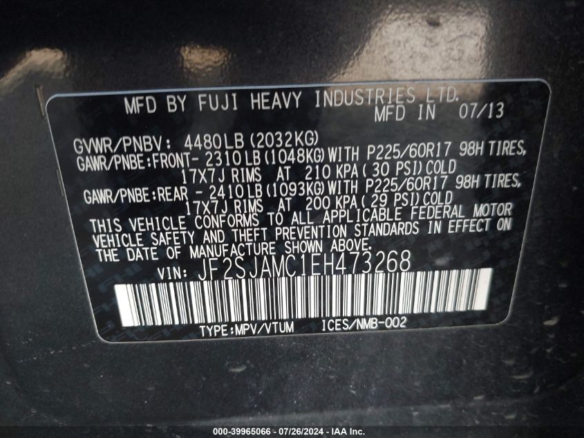 2014 Subaru Forester 2.5I Touring VIN: JF2SJAMC1EH473268 Lot: 39965066